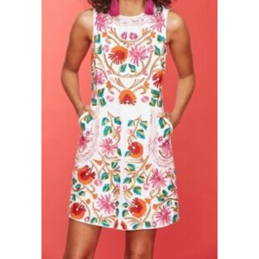 Roller Rabbit White Midi Dress with Pink, Red, Green & Brown Floral Embroidery